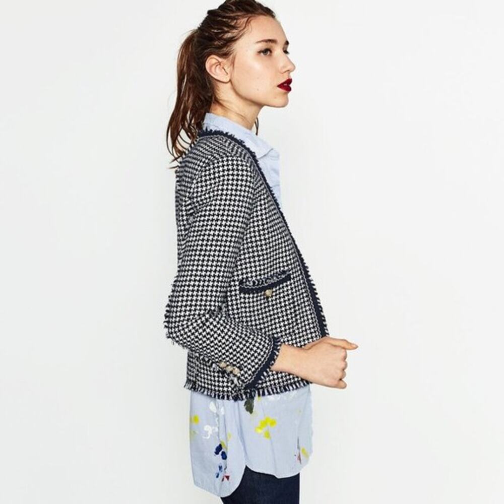 Houndstooth Cropped Blazer Jacket - Black & White